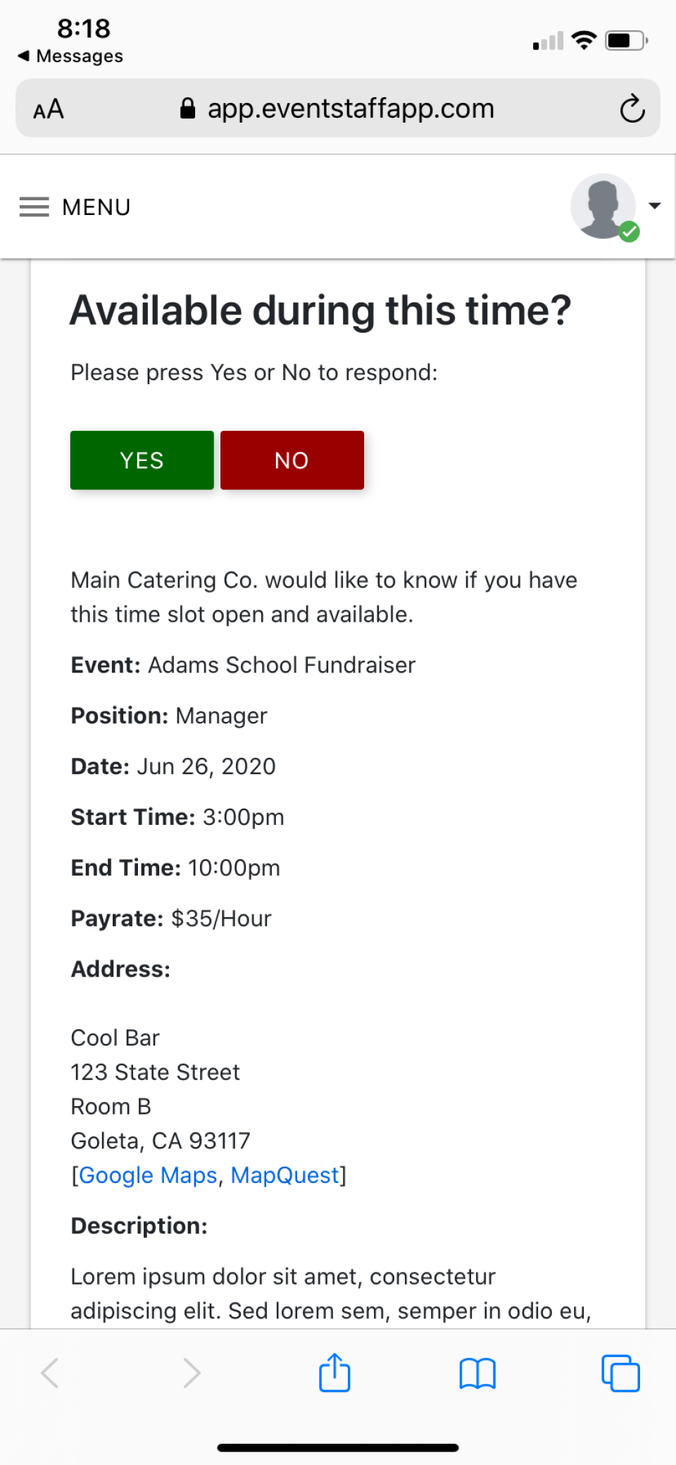 screenshot of Event Staff App